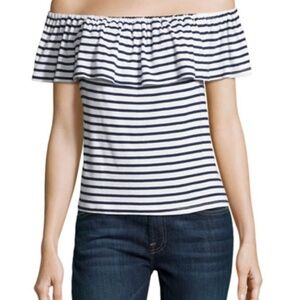 Splendid Striped Off Shoulder Ruffle Knit Spring Top Soft Navy & White Small S